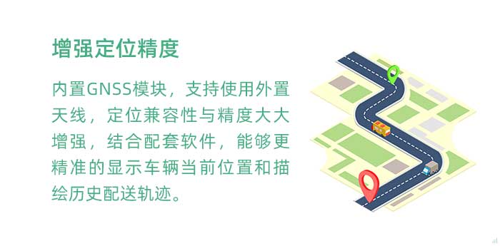 高精度定位。內(nèi)置GNSS模塊(兼容GPS、BDS等)，支持使用外置天線，定位兼容性與精度大大增強(qiáng)，結(jié)合配套軟件，使GT3100G車載溫濕度監(jiān)測系統(tǒng)能夠更加精準(zhǔn)的顯示車輛當(dāng)前位置和描繪歷史配送軌跡。