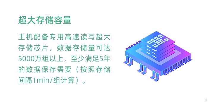 超大存儲容量。GT3100G車載溫濕度監(jiān)測主機(jī)配備專用高速讀寫超大存儲芯片，數(shù)據(jù)存儲量可達(dá)5000萬組以上，至少滿足5年的數(shù)據(jù)保存需要（按照存儲間隔1min/組計算）。