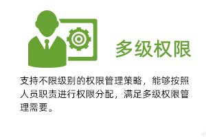 多級(jí)權(quán)限：支持不限級(jí)別的權(quán)限管理策略，能夠按照人 員職責(zé)進(jìn)行權(quán)限分配，滿足多級(jí)權(quán)限管理需 要。