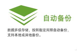 自動(dòng)備份：數(shù)據(jù)多級(jí)存儲(chǔ)，按照指定周期自動(dòng)備份，支持本地或異地備份。