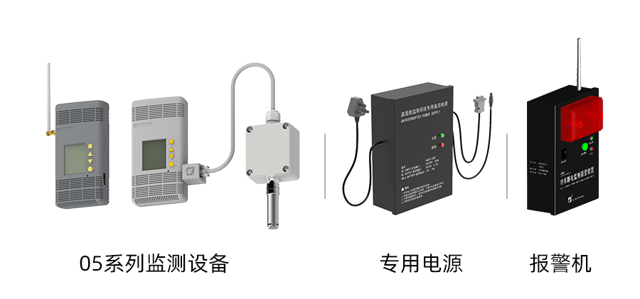 部分設(shè)備展示：05系列溫濕度監(jiān)測(cè)設(shè)備、報(bào)警機(jī)